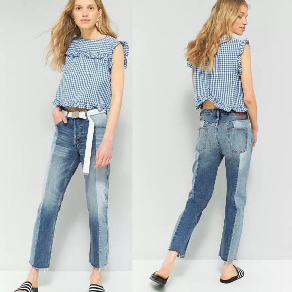 BDG Urban Outfitters Size W26 L32 Jessye Straight Leg Spliced Jeans Blue Raw Hem - Picture 1 of 14